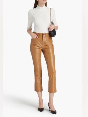 Veronica Beard Carly Kick Flare Cognac Vegan Leather Crop Pants Size 31